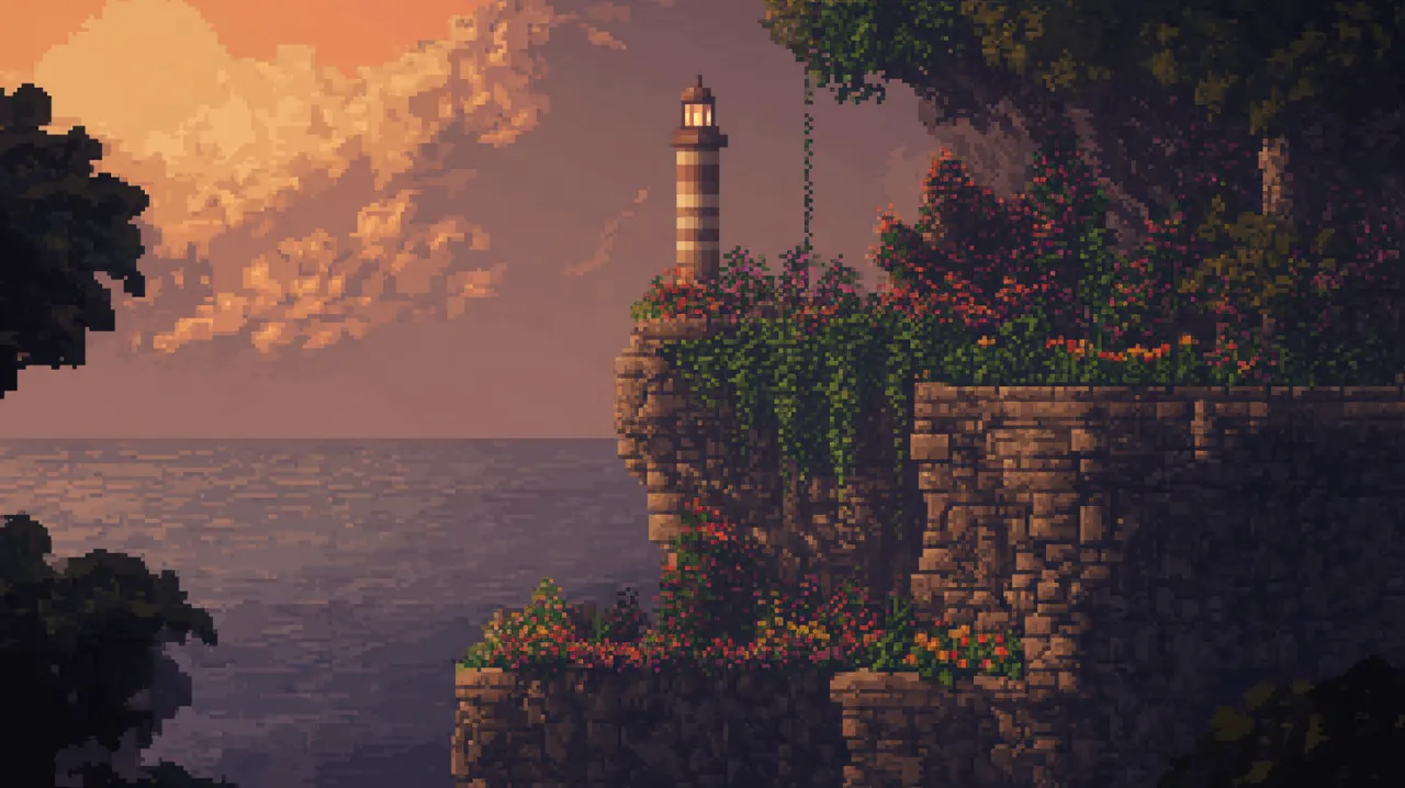 Pixel-art scene: the same striped lighthouse at sunset, on a cliff covered in flowers