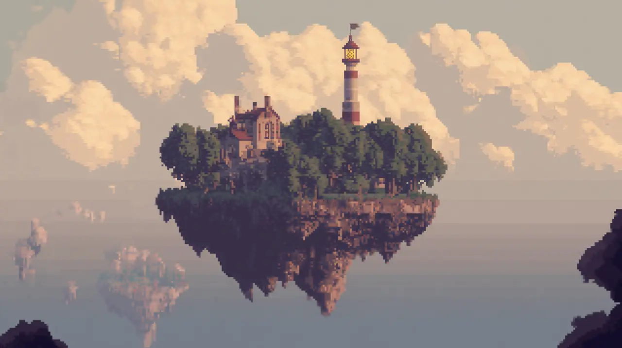 Pixel-art scene: a floating island with a house and a striped lighthouse in daylight clouds