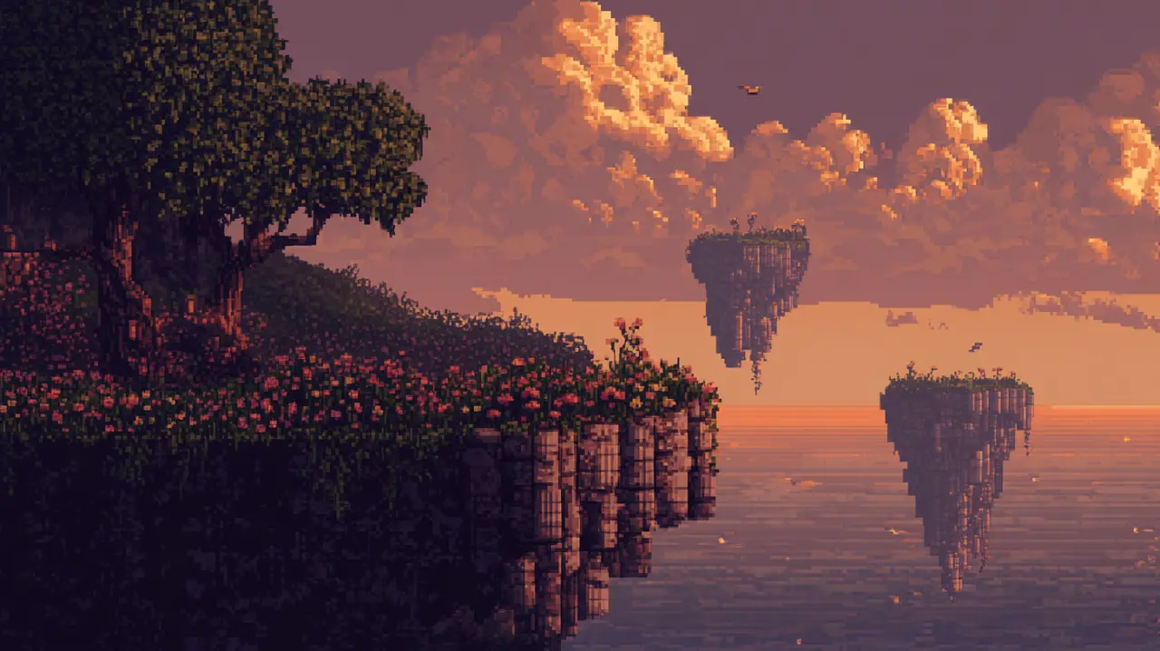 Pixel-art scene: flowering cliffs at dusk with islands floating over the sea