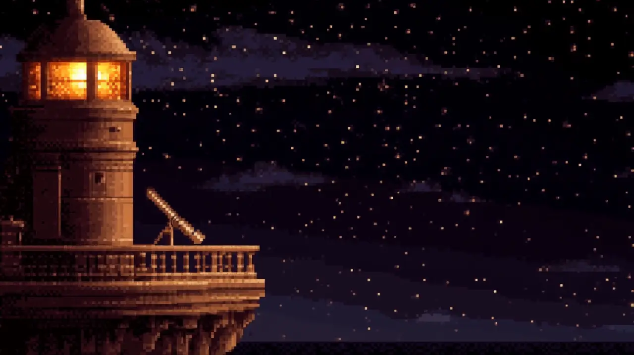 Pixel-art scene: the same lighthouse lit at night under a starry sky, a telescope on its balcony